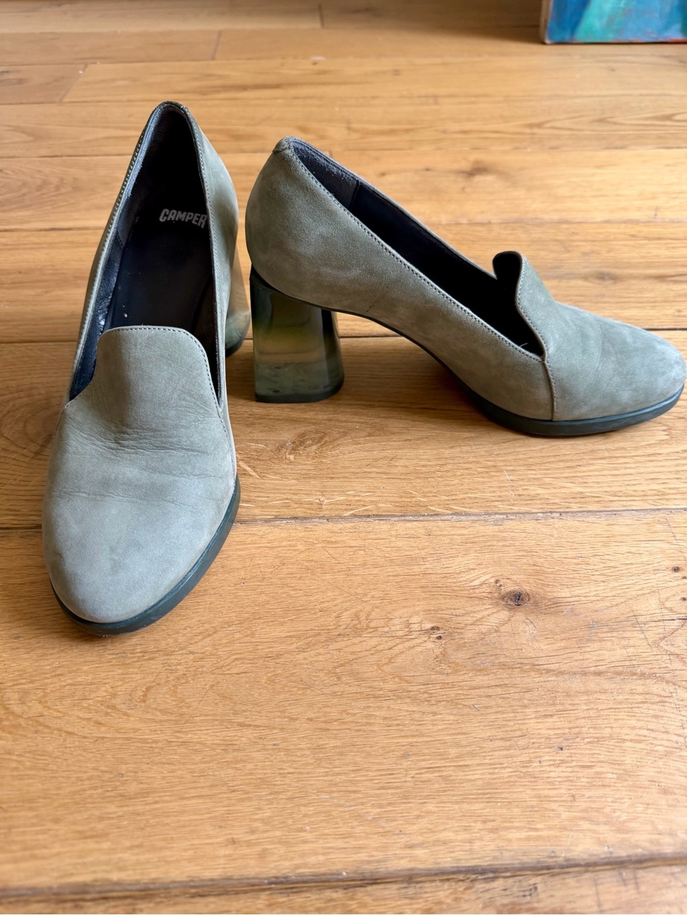 Camper Olive Green Suede Block Heel Pumps